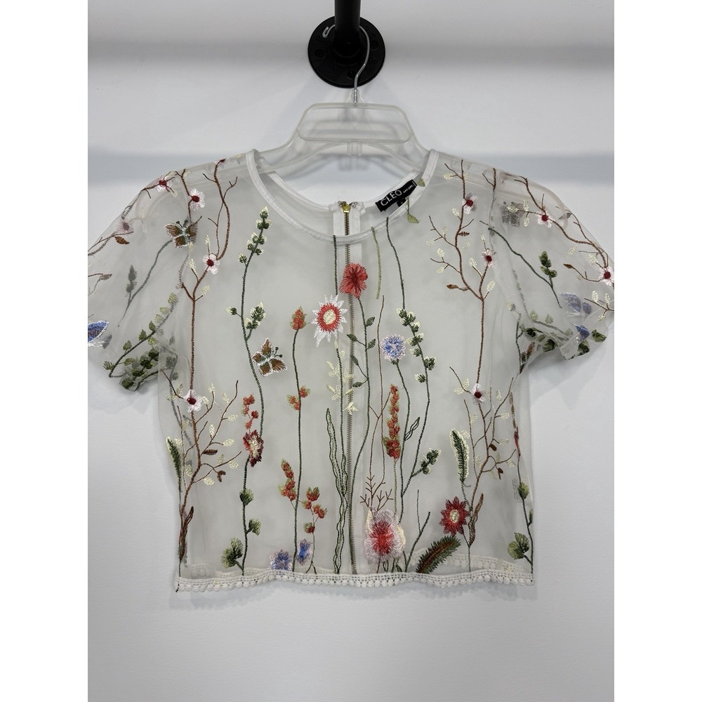 Y2K White Sheer Mesh Floral Embroidered Crop Top S Fairy Coquette Festival Indie